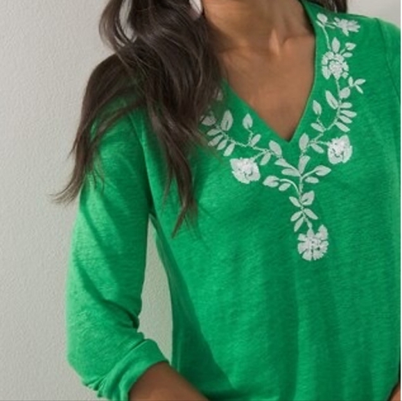 Chicos Large Green 100% Linen‎ 3/4 V-Neck Tunic Top  Floral Embroidery Sequin - Picture 1 of 5